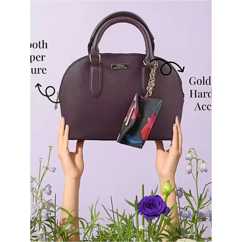 Trina Turk Vegan Purple Structured Dome Satchel Bag with Floral Card Holder NWT